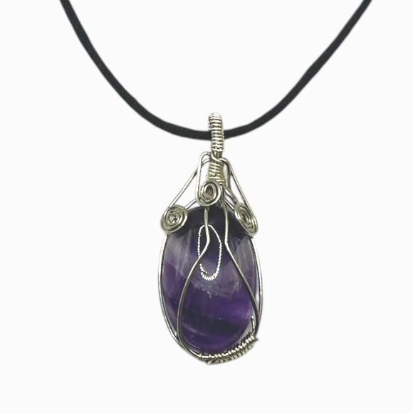 Wire Wrapped Purple Stone Pendant Necklace Black Cord Bohemian Mineral Jewelry - Picture 6 of 9
